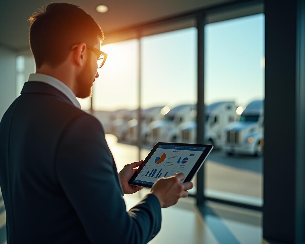 Logistics professional analyzing shipping data on a tablet with trucks in background